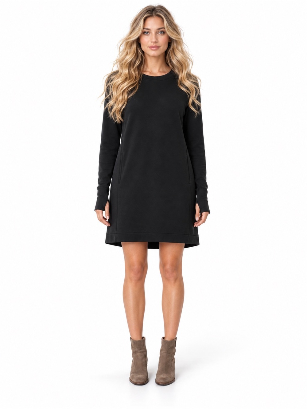 Athleta – Coaster Luxe Sweatshirt Dress – Black Thumbhole Pullover Dress – Sz. S